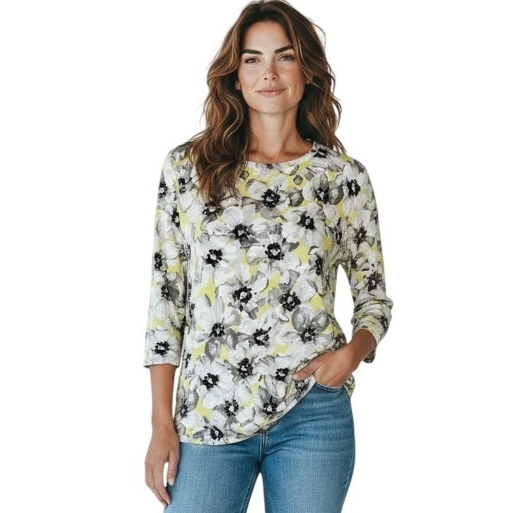 J JILL Love Linen Floral Top M Yellow‎ Gray 3/4 Sleeve Coastal Relaxed Office